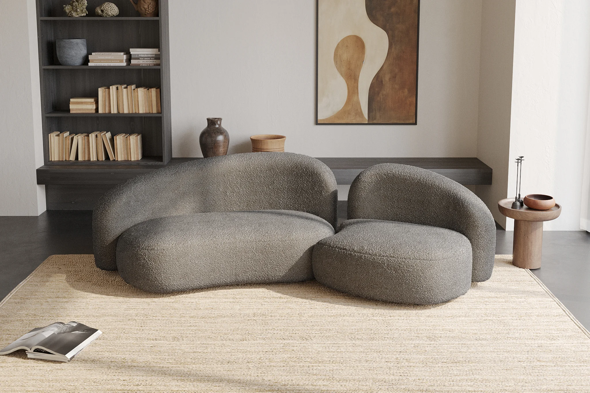 Cresmo Wool-like Curved 2-Piece Chaise Sectional / 2-Seater Couch Sofa / Lounge Chair - Image 64