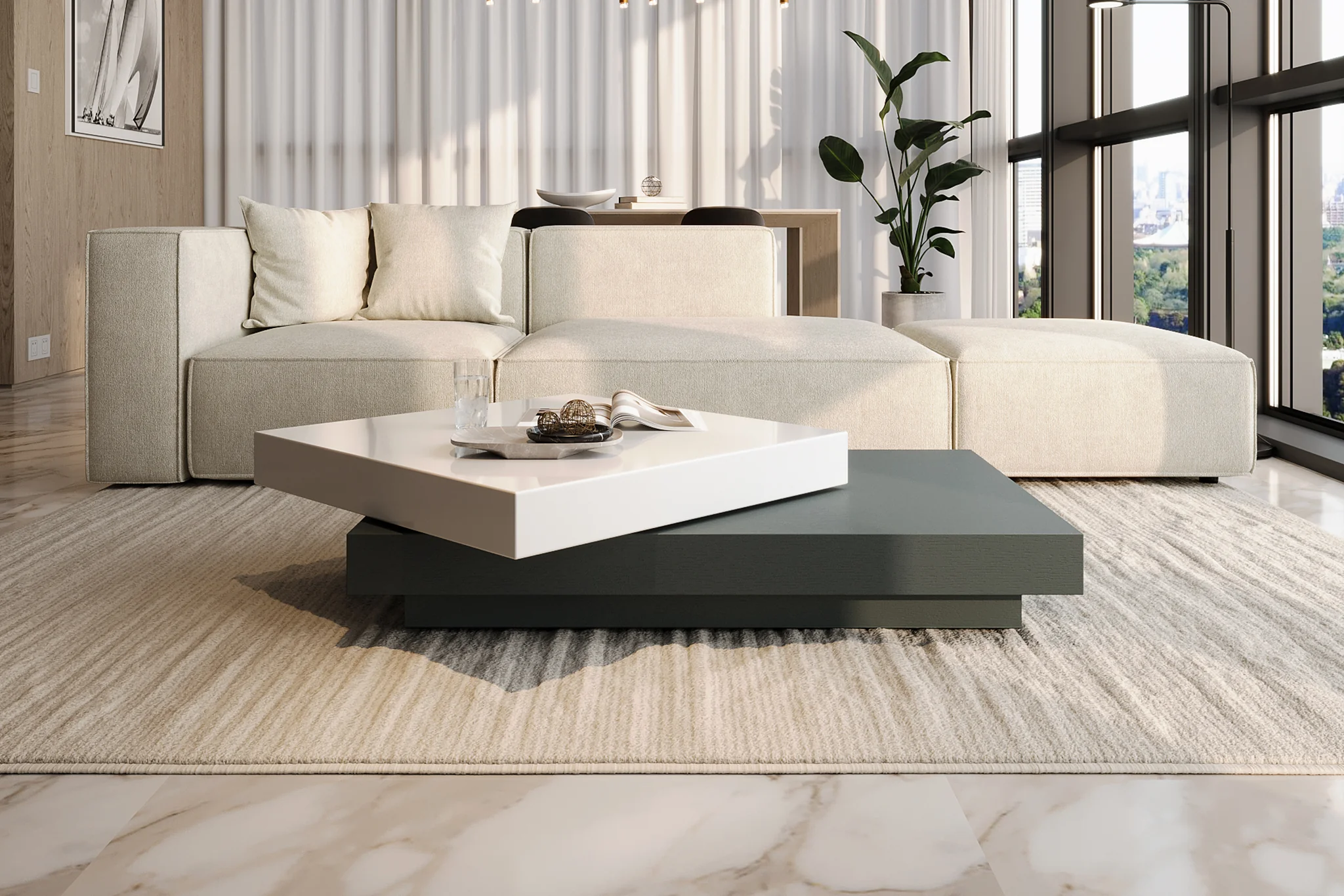 Inkstone 2-Tier Swivel Coffee Table – White Top & Black Oak Base - Image 5