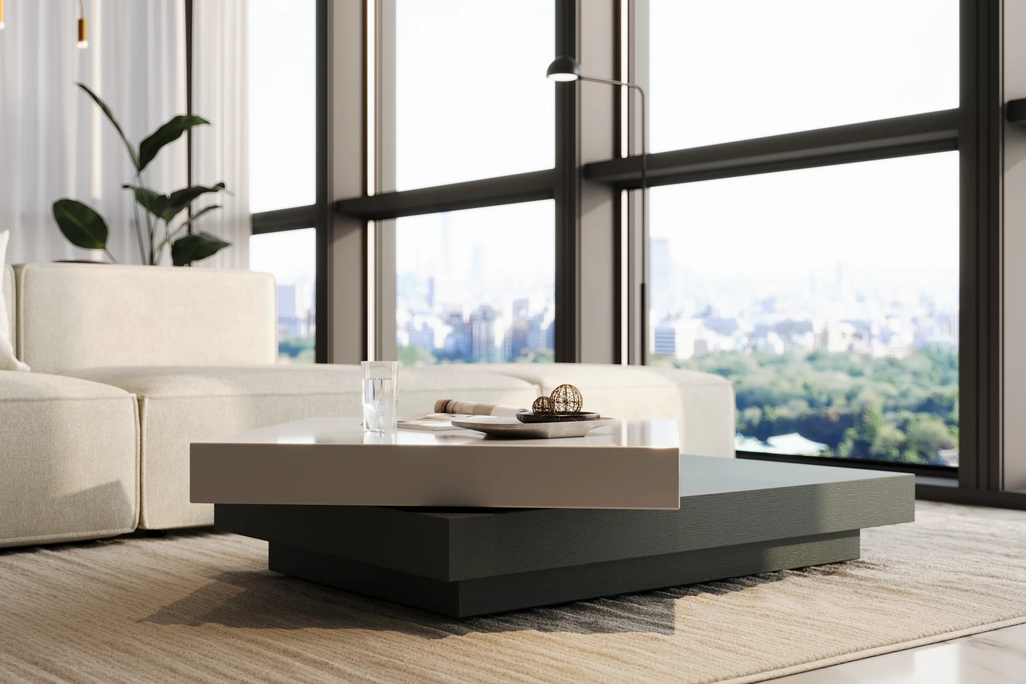 Inkstone 2-Tier Swivel Coffee Table – White Top & Black Oak Base - Image 7
